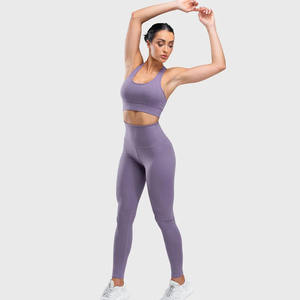 Meilleure vente Ensemble de yoga sans couture extensible et actif de couleur lilas pour femmes avec soutien-gorge et leggings de sport à vendre en qualité en vrac - Product Image 4