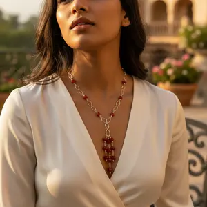Collar de Moda para Mujer, con Cuentas Plateadas, Piedra Roja, Cadena Dorada, Estilo Religioso, para Fiestas, Regalos, Latón, Jade, con Perlas - Product Image 3