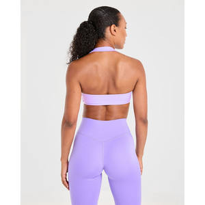 Sujetador deportivo de cuello Halter púrpura pastel con escote en V envolvente detalle de espalda abierta y Sujetador deportivo de alto impacto para mujeres adultas - Product Image 2