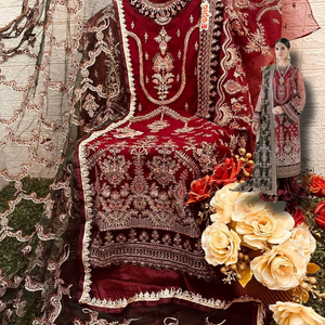 Heavy Fox Georgette con bordado de hilos múltiples y trabajo hecho a mano con fondo de seda Stanton y traje Dupatta para mujer - Product Image 1