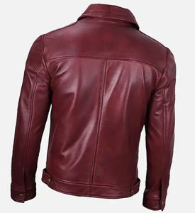 Chaqueta de motorista informal de invierno con cuello levantado para hombre en piel de cordero auténtica granate con cierre de cremallera Tipo de suministro ODM - Product Image 4