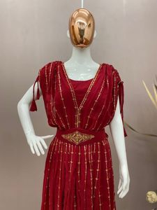 DESIGNER GEORGETTE SEQUENCE EMBROIDERY WORK FANCY SLEEVE GOWN WITH <b>BELT</b> PARTY WEAR DRESS WEDDING WEAR TRADITIONAL WEAR - Product Image 6