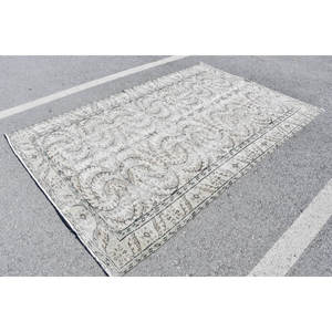 Tapis Vintage en Laine Turque Classique Gris Beige 5.5X8.4 ft Fait à la Main Rectangulaire Patchwork Design pour Adolescent Salon avec Latex - Product Image 3