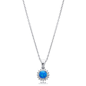 Round Cut Blue <b>Opal</b> Stone CZ Design Wholesale Turkish Handmade 925 Sterling Silver Charm <b>Necklace</b> for Women - Product Image 1