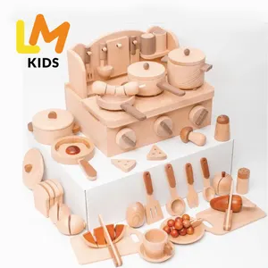 LM KIDS Original Wood Color Mini Wooden Table Play Kitchen Toy With Cooking Accessories Set For Children's Pretend Play Game