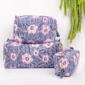 Beautiful Handmade Grey Floral Quilted Vintage Water Resistant Eco-Friendly <b>Zipper</b> Closure Block Printed Cotton Cosmetic Case - Product Image 1