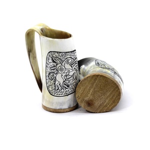 <b>Handmade</b> Elegant Polished Natural Buffalo Horn <b>Mug</b> With Wooden Base For Comfortable Drinking Experience At Cheapest price - Product Image 1