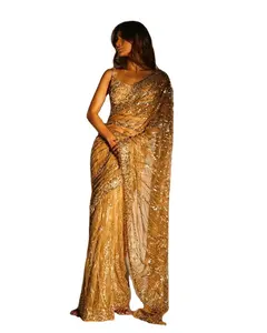 Mooie Gouden Georgette Nieuwe Fancy Lange Weven Pallu Met Designer Feestkleding Sari Met Blouse Stuk Voor Vrouwen