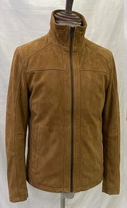 Men <b>Suede</b> <b>Leather</b> <b>Jacket</b> Stand Collar Zipper Closure Casual Autumn Style Regular Fit Solid Color Brown - Product Image 1