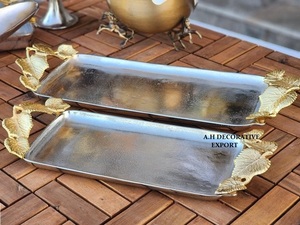 Handmade Gold Leaf Handles Silver Metal Recyclable Dishwasher Safe Serving <b>Tray</b> Home Decor Wedding Party Rectangular Decorative - Product Image 2
