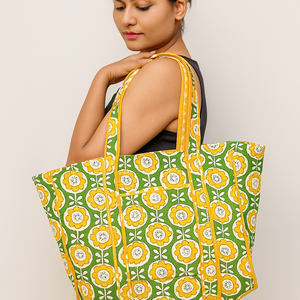 Chic Green <b>Quilted</b> Floral Tote <b>Bag</b> - Sustainable Everyday Carryall - Product Image 1