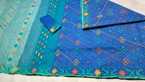 Exclusif Deshi Dhakai Jamdani Sharee Qualité d'exportation pour les femmes JAMDANI FABRIC Bleu ROUGE VERT Doré Bleu Ciel du Bangladesh - Product Image 3