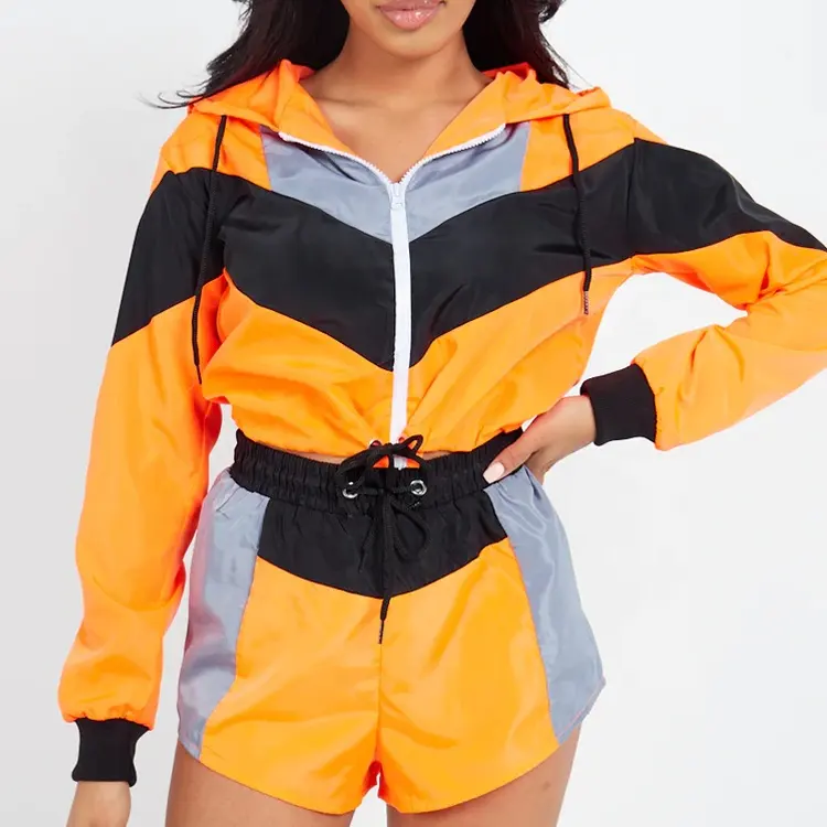 Neon Orange Colour Block Cropped Jacket & Shorts Co-ord - Ramona/design for usa