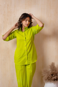 Ensemble chemise et pantalon en coton vert lime pour femmes, chemise ample en coton uni vert lime et pantalon large, ensemble coordonné - Product Image 4