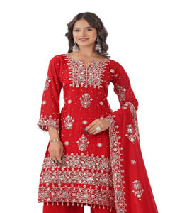 Última Moda en Ropa Étnica Paquistaní, Precioso Conjunto Sharara Gharara Kurti con Bordado Indio, Tela de Seda Viscosa, Salwar - Product Image 1