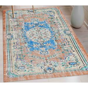 Tapis à motifs bleus et oranges : Tapis antidérapant de style Oushak, tapis en chenille - Product Image 3