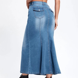 Jupe longue en jean cargo taille haute, nouvelle arrivée été-automne, fente devant, vintage, bleu, ourlet effiloché - Product Image 3