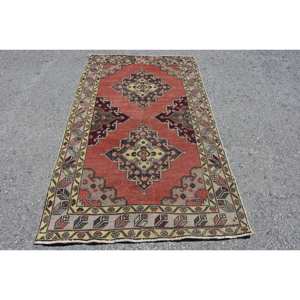Alfombra Kilim roja y Beige de área grande, 3,9x6,5 pies, tejido plano, lana turca, respaldo de látex, pila de felpa para pasillo, habitación, patrón rectangular - Product Image 1