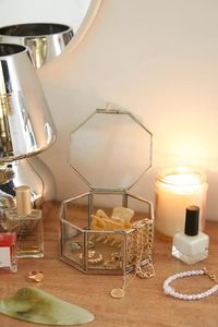Beautiful antique brass and <b>glass</b> <b>jewelry</b> <b>box</b> with stylish metallic border and elegant transparent <b>glass</b> for <b>jewelry</b> display - Product Image 5