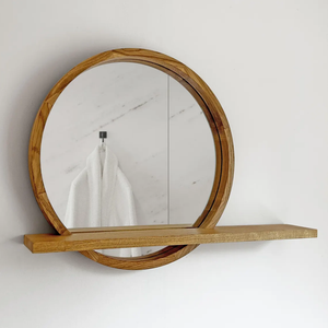 <span class=keywords><strong>Espejo</strong></span> circular de madera de color natural con estante, hecho a <span class=keywords><strong>mano</strong></span>, de madera maciza como el roble, utilizado para el tocador del <span class=keywords><strong>baño</strong></span>. - Product Image 2