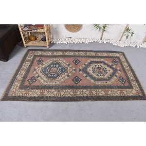 Alfombra de lana Vintage azul y Beige, diseño de retazos geométricos de 3,9x6,3 pies para decoración de dormitorio, Alfombra de yute con respaldo de látex para coches - Product Image 3