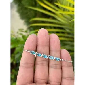 925 <b>Silver</b> Beaded Charm <b>Bracelet</b> with Blue Topaz Trendy Zircon Bangles for Wedding Anniversary Engagement or Gift - Product Image 2