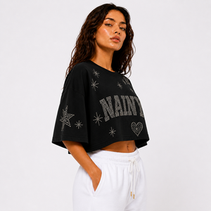 Loose Fit Oversized Crop <b>Top</b> Women <b>Rhinestone</b> Embroidery Cotton Cropped T Shirt Casual Streetwear Summer <b>Top</b> - Product Image 6
