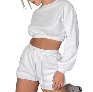 Ensemble de survêtement pour femmes en molleton français surdimensionné avec fermeture éclair, effet délavé, patch brodé, jogging court, 2026 - Product Image 2