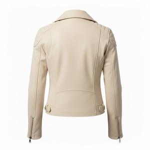Chaqueta de Motociclista de Cuero Crema para Mujer, Invierno, Personalizada, Venta al por Mayor, Precio de Fábrica, Estilo Motero Genuino, Abrigo de Moda para Mujer, OEM - Product Image 3