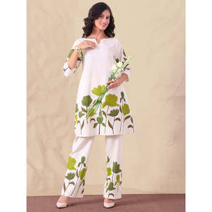 DEEBACO Women's Cotton Green Floral Co-ord Set <b>Split</b> Neck Long Tunic With Ankle <b>Trouser</b> Summer Spring Casual Western Wear Outfit - Product Image 1