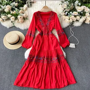 Wholesale Price V- Neck Full Sleeves Embroidery Cotton <b>Maxi</b> <b>Dress</b> for Women - Product Image 1