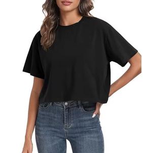 T-shirts courts d'entraînement surdimensionnés pour femmes col rond manches courtes décontracté ample été culture t-shirt hauts coton - Product Image 2