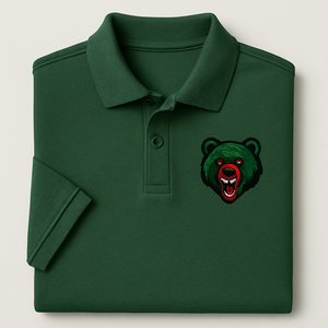 Camiseta Polo Personalizada para Hombre, Verde Bosque, Logotipo de Oso Bordado, Algodón, Manga Corta, Cuello Camisero - Product Image 1