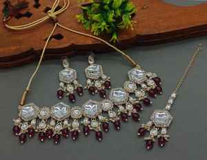 New Design Hexagon Shape Gold Plated Traditional <b>Drop</b> <b>Pearl</b> & Stone Studded Earring Mangtika Choker <b>Necklace</b>&Jewellery Set Women - Product Image 5