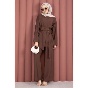 Coffee Brown Crepe and <b>Linen</b> Two-Piece Set Large/XL <b>Top</b> and Pants with Waist Accessory Detail for Summer and Autumn Outfits - Product Image 3