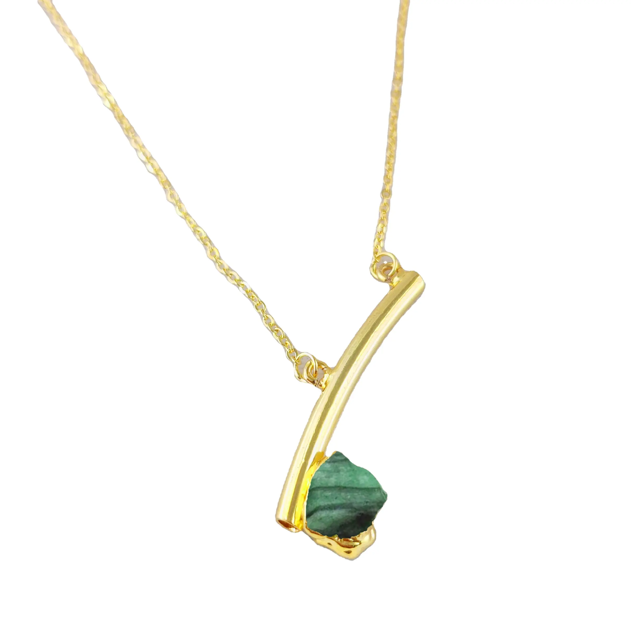 Emerald Little Axe Shape Gemstone Necklace 18+2inch 925 Silver Gold Plated Edge Raw Birthstone Necklace for Christmas Jewelry
