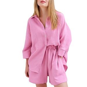 Women's Summer Casual Relaxed Two-Piece Set <b>Short</b> <b>Sleeve</b> Cotton <b>Linen</b> <b>Shirt</b> Knee <b>Shorts</b> Solid Color Button Quick Dry Breathable - Product Image 2