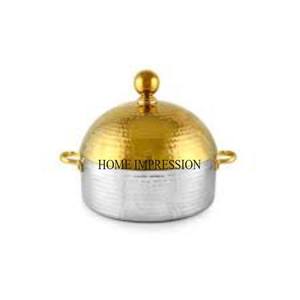 Casserole ronde polie et brillante de couleur argent à texture martelée à double ombre et couvercle supérieur plaqué or de haute qualité d'Inde - Product Image 1