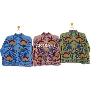 Femmes hiver bohème Suzani veste matelassée régulière brodé à la main coton respirant bouton de remplissage bord brut Crewel Festival - Product Image 6