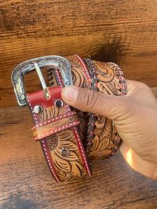 เข็มขัดหนังแท้สำหรับผู้ชายและผู้หญิง, เข็มขัดลายดอกไม้ทำด้วยมือแบบตะวันตกเข็มขัดคาดเอวหนังแท้ - Product Image 2