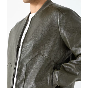 Blouson aviateur à col montant en cuir véritable au design moderne et simple pour hommes, tenue décontractée légère et chaude pour l'hiver avec fermeture à glissière et logo sur le devant - Product Image 3