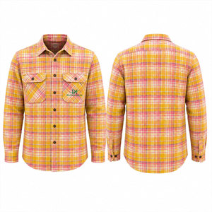 เสื้อเชิ้ตทำงานแขนยาวลายสก็อตสีเหลืองชมพูสำหรับผู้ชาย ผ้าฝ้ายใส่สบาย พิมพ์ลายโลโก้ด้านหน้า - Product Image 1