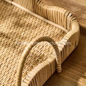 Juego de 2 bandejas de ratán rectangulares con asas, tejido de ratán natural marco de madera, bandeja para platos - Product Image 4