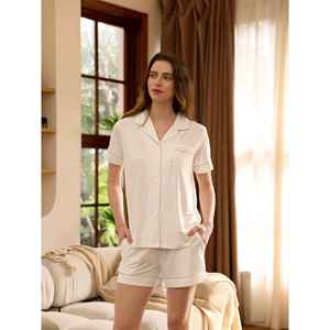 NakedSoft Women's Summer Bamboo Pajama Set Casual Short Sleeve <b>Pants</b> Buttoned Drawstring Closure Custom Logo Woven Spandex - Product Image 2