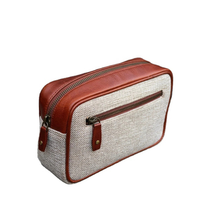 Canvas & Leather Toiletry Bag with Zipper Closure Classic Houndstooth Pattern <b>Medium</b> Size Durable Travel <b>Case</b> - Product Image 1