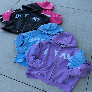 Custom Washed Vintage Bordado Sun Faded Full Zip up Hoodies Chándales Hombres Pantalones acampanados Sudadera con capucha Conjunto chándal - Product Image 2