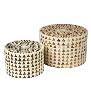 Indian Resin Accents Supplier Triangular Pattern Bone Round Container Set Box for Table Decor and Homeware Stuff in London Based