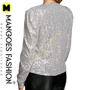 Elegante Chaqueta corta con parte delantera abierta para mujer, chaqueta plateada con lentejuelas brillantes, abrigo Puff de manga larga, lona de algodón - Product Image 3