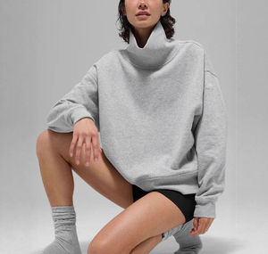 Pull à col montant uni brodé personnalisé, manches longues, survêtement ample, sweat-shirt en molleton à bulles pour femmes - Product Image 4