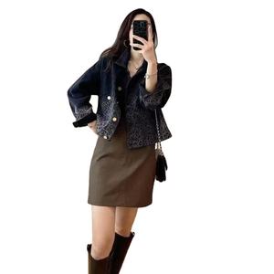 Women's Autumn Winter Denim <b>Jacket</b> Single Breasted Casual <b>Collar</b> Top Printed Grinding Edge Broken Hole Hollow Long Sleeve New - Product Image 2